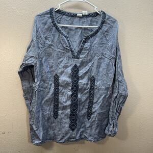 Artisan NY 100% Linen Tunic Popover Shirt L/S‎ Embroidered Minimalist V Neck Top